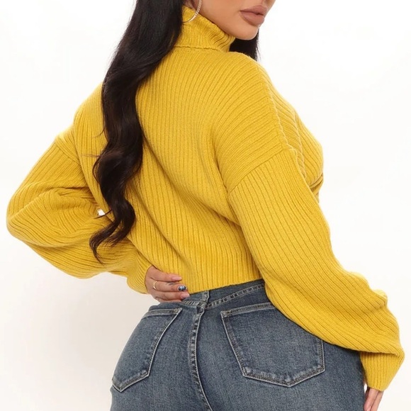NWT Chunky Oversized Ribbed Cable Knit Turtle Neck Drop Shoulder Sweater-Mustard - Picture 3 of 4